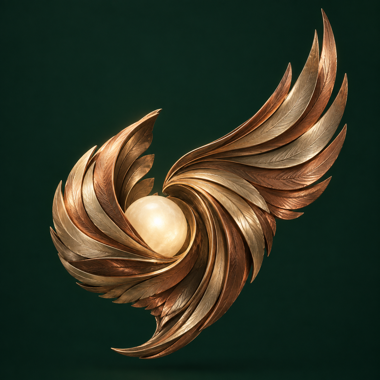 Sculptural copper wings curving around a luminous sphere, a symbol of purposeful attention and care